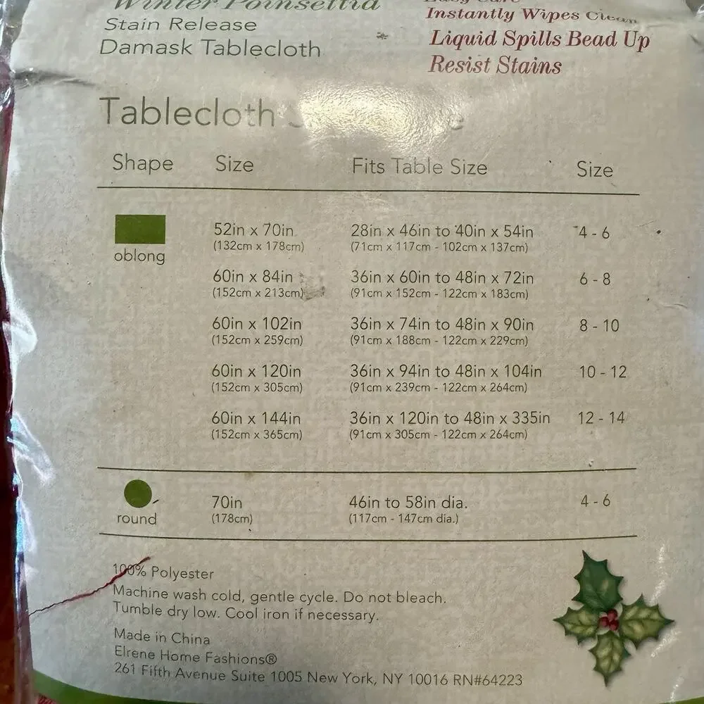 Poinsettia Red Damask Tablecloth Holiday 60x144 Oblong Stain Release NIP
